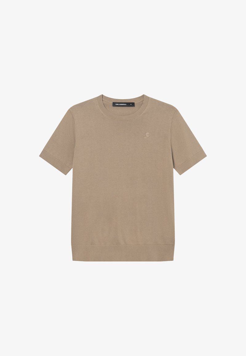 T-shirt en maille beige à manches courtes avec col rond et petit logo brodé sur le côté gauche de la poitrine.