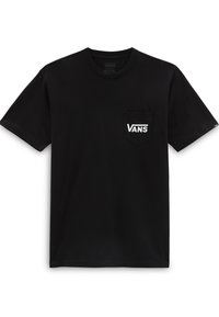 Černé tričko s krátkým rukávem a kulatým výstřihem, s malou kapsou na levé části hrudníku, na které je bílé logo Vans.