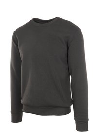 Felpa nera realizzata in tessuto morbido, con collo rotondo, maniche lunghe e polsini a costine, in un colore uniforme e senza motivi visibili.