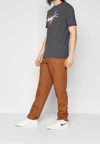 Camiseta gris con un logo de Nike multicolor, pantalones marrones con un logo bordado y zapatillas blancas con un swoosh azul. Estilo casual.