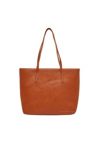 Brown leather tote bag with smooth texture, long straps, rectangular shape, and a simple, unadorned design. No visible hardware or patterns.