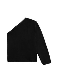 Pull en tricot noir avec un col asymétrique, une manche longue et un tissu texturé, présentant une silhouette décontractée et carrée.
