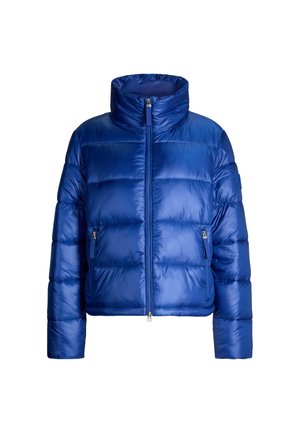 Kort pufferjack in een levendige blauwe kleur, gemaakt van glanzend materiaal. Bevat een hoge kraag, een rits aan de voorkant en twee zijzakken met rits.