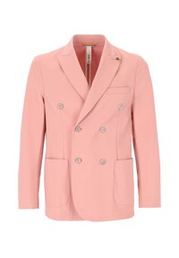 Blazer rosa doppiopetto con sei bottoni, revers a punta, due tasche inferiori applicate e una tasca sul petto, su sfondo bianco.
