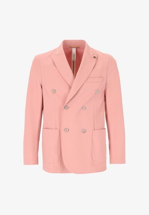 Blazer rosa doppiopetto con sei bottoni, revers a punta, due tasche inferiori applicate e una tasca sul petto, su sfondo bianco.