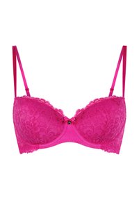Rosa Spitzen-BH mit Bügel, gepolsterten Körbchen und verstellbaren Trägern. Verziert mit floralen Spitzenakzenten und einer kleinen Schleife in der Mitte vorne.