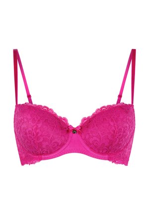 Roze kanten bh met beugel, gevoerde cups en verstelbare bandjes. Voorzien van bloemenkant details en een klein strikje aan de voorkant.