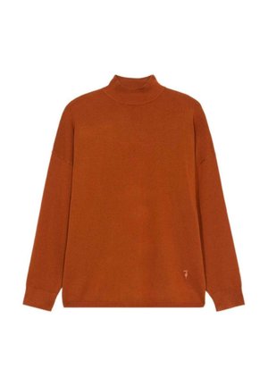 Sweter z długim rękawem w kolorze przypalanej pomarańczy, wykonany z miękkiej dzianiny. Charakteryzuje się luźnym krojem i delikatnym akcentem logo na dolnej stronie.