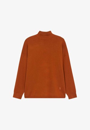 Svetr s dlouhým rukávem a vysokým límcem v barvě spálené oranžové, vyrobený z měkké pleteniny. Má volný střih a decentní logo umístěné na spodní straně.