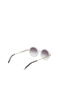 Ronde zonnebrillen met een doorzichtig frame, gradiënt grijze lenzen en gouden metalen armen. De veertjes hebben een zwart en schildpadpatroon.