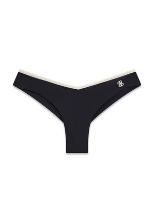 String noir taille basse avec bordure beige et petit logo blanc brodé sur le côté gauche.