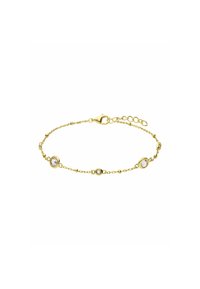 Gouden armband met drie heldere kristalaccenten, verfijnde schakels en een karabijnsluiting met een verstelbare verlengkettinkje.