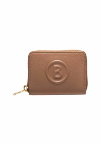 Brauner Leder Geldbeutel mit einer strukturierten Oberfläche, versehen mit einem runden, geprägten Logo und goldfarbener Reißverschluss-Hardware. Kompakte rechteckige Form.