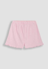 Lyserøde shorts lavet af blødt stof, med et hvidt prikket mønster, elastisk talje og volangkant.