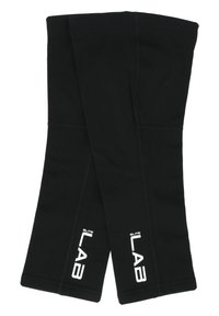 Svarta benvärmare i stretchigt tyg med en slät textur, med vit logotyp "ELITE LAB" tryckt på den nedre delen.