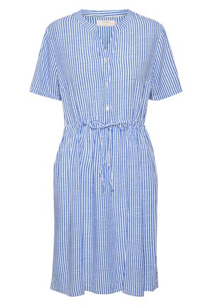 Button-down dress in blue and white stripes, short sleeves, elastic waist with drawstring, lightweight fabric, casual design.