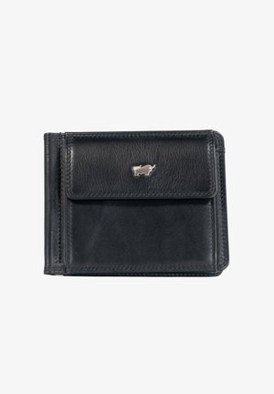 Portafoglio in pelle nera con una superficie liscia, dotato di chiusura a scatto e logo di un toro argentato sulla parte anteriore. Design compatto e rettangolare.