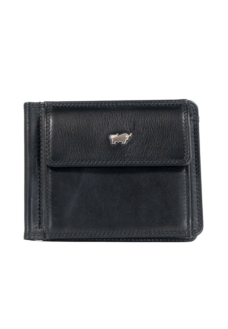 Portefeuille en cuir noir avec une texture lisse, doté d'une fermeture à bouton-pression et d'un logo en argent représentant un taureau à l'avant. Design compact et rectangulaire.