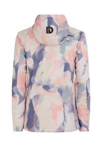 Gewatteerd jack met abstract pastelpatroon in roze, paars en beige, met logo op de capuchon en bovenrug.