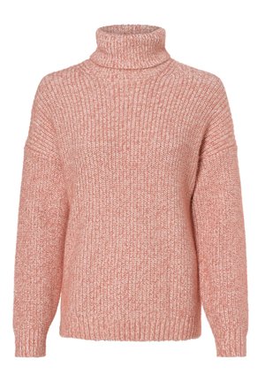 Jasnoróżowy sweter z golfem o luźnej, dzianinowej strukturze, opadających ramionach i ściągaczach. Prosty, przytulny design bez wzorów i zdobień.