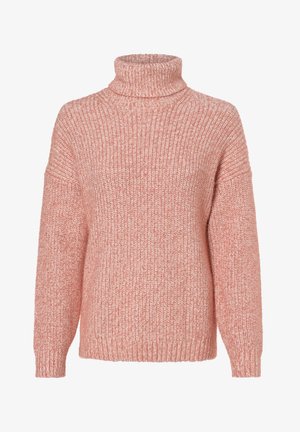 Helles rosafarbenes Rollkragensweatshirt mit lockerer, gestrickter Textur, überschnittenen Schultern und gerippten Bündchen. Einfaches, gemütliches Design ohne Muster oder Verzierungen.