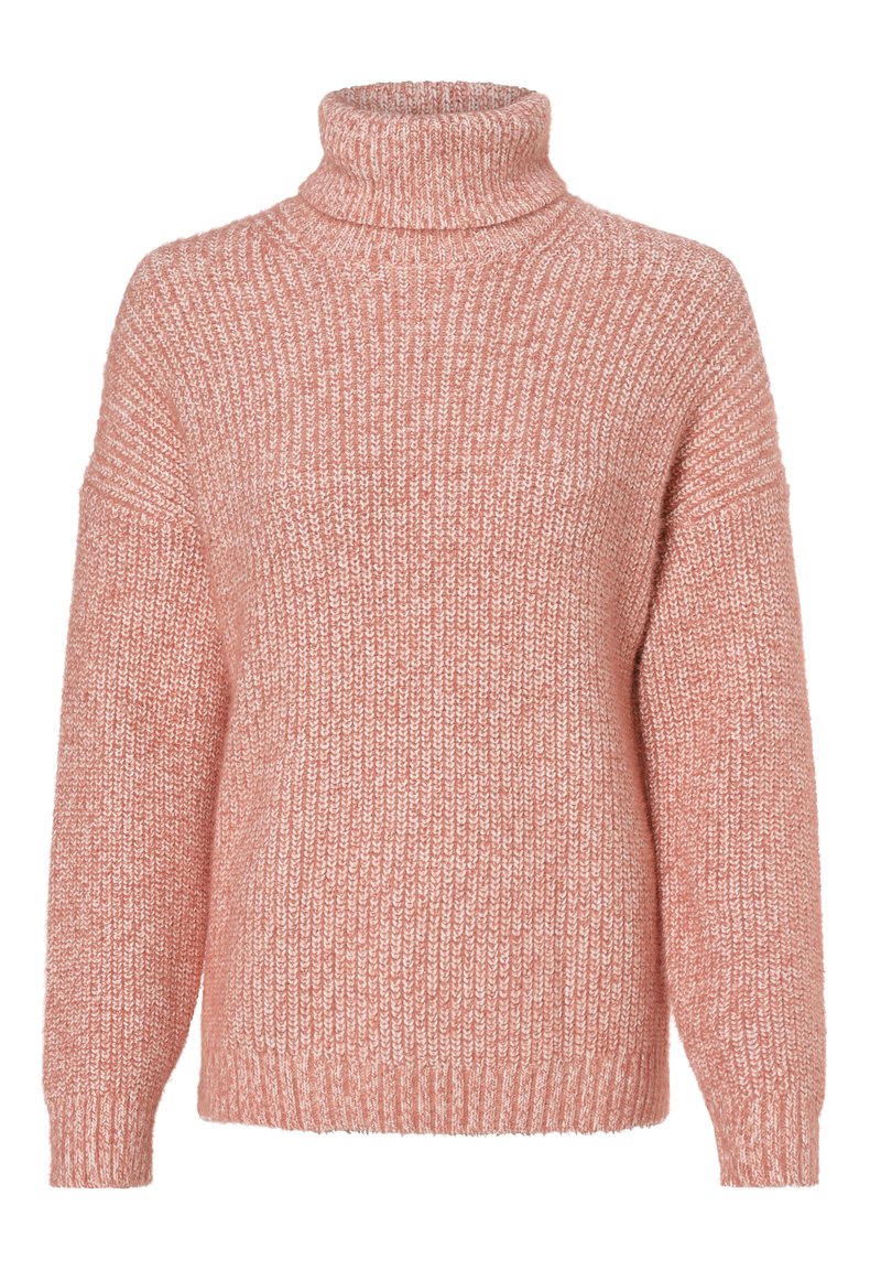 Jasnoróżowy sweter z golfem o luźnej, dzianinowej strukturze, opadających ramionach i ściągaczach. Prosty, przytulny design bez wzorów i zdobień.