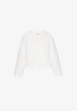 Giacca cropped in finta pelliccia bianca con maniche lunghe, superficie testurizzata, scollatura rotonda e chiusura frontale a bottoni. Design minimalista senza motivi.