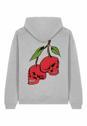 Gray hoodie featuring a graphic of two red skulls with green leaves, positioned together on the back, highlighted by black outlines.