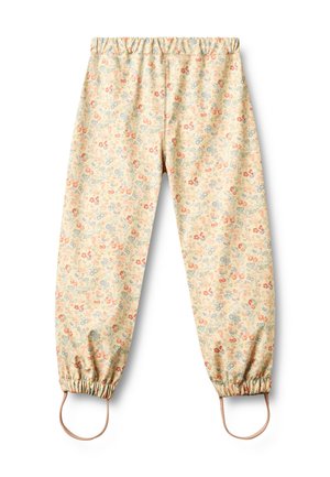 Hellgelbe Blumenmusterhose mit elastischem Bund und Bündchen, ausgestattet mit Steigbügelriemen an den Knöcheln für einen sicheren Sitz.