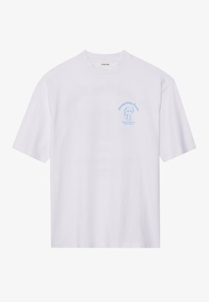 White cotton t-shirt featuring a blue graphic design on the left chest reading "Dumpling Oasis" with simple cartoon accents. Short sleeves.