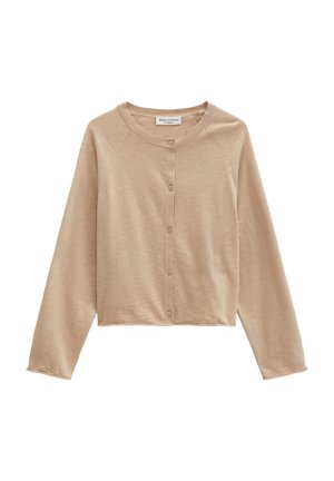 Cardigan beige léger à manches longues, col rond et fermeture boutonnée sur le devant, en tissu maille fine.