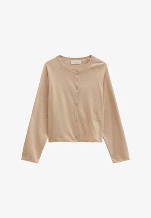 Beige lichtgewicht cardigan met lange mouwen, een ronde hals en een knoopsluiting aan de voorkant, gemaakt van fijne gebreide stof.