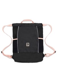 Zaino in tessuto nero con spallacci rosa, caratterizzato da un logo e linee di accento bianche. Design rettangolare con manico superiore e spallacci regolabili.