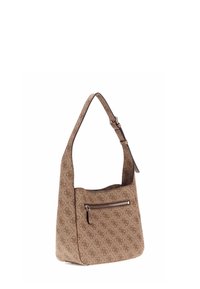 Borsa a spalla marrone con motivo, dotata di una sola tracolla, caratterizzata da una tasca anteriore con zip e un design in tessuto testurizzato.
