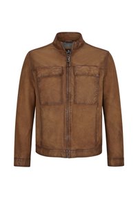 Braune Lederjacke mit Reißverschluss, hohem Kragen und zwei Brusttaschen. Verfügt über eine glatte Textur und einen leicht abgetragenen Look.