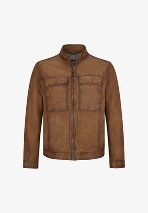 Braune Lederjacke mit Reißverschluss, hohem Kragen und zwei Brusttaschen. Verfügt über eine glatte Textur und einen leicht abgetragenen Look.