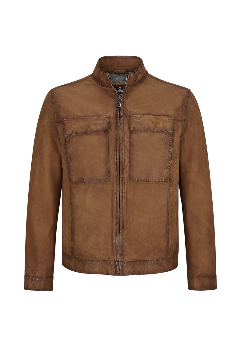 Braune Lederjacke mit Reißverschluss, hohem Kragen und zwei Brusttaschen. Verfügt über eine glatte Textur und einen leicht abgetragenen Look.