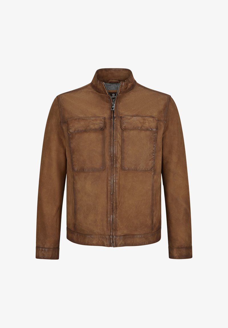 Braune Lederjacke mit Reißverschluss, hohem Kragen und zwei Brusttaschen. Verfügt über eine glatte Textur und einen leicht abgetragenen Look.