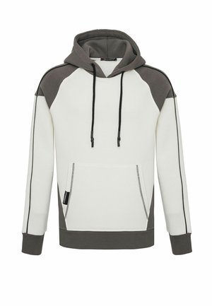 Kapuzenpullover mit weißem Körper und dunkelgrauen Raglanärmeln, ausgestattet mit einer Fronttasche, Kordelzügen und kontrastierenden Akzenten.