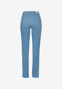 Ljusblå denimjeans med rak benform, standardfickor och etikett på midjan. Tyget verkar mjukt med en liten stretch.