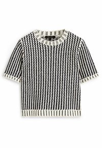 Sort og hvid kortærmet sweater med et houndstooth-mønster, ribbet rund hals og struktureret strikfinish.