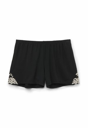 Pantalones cortos negros de tejido suave, con una cintura elástica y detalles de encaje en un patrón floral en las esquinas inferiores.