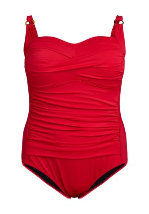Rød heldragt badedragt lavet af glat stof, med sammensyninger, justerbare stropper med guldfarvede accenter og en beskeden udskæring.