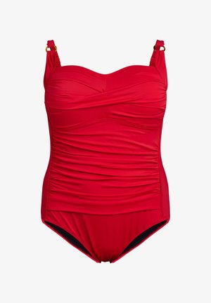 Sarkans viengabala peldkostīms, kas izgatavots no gludas auduma, ar ruošojuma detaļām, regulējamiem siksnām ar zelta akcentiem un pieticīgu griezumu.