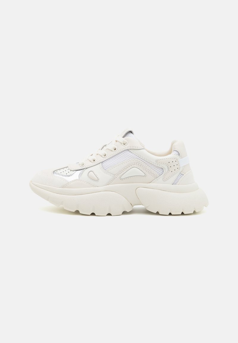 Chunky white sneaker featuring a mix of smooth and textured panels, with a mesh upper and ridged sole for added grip. Silver accents present.