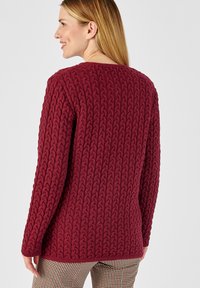 Pull en tricot rouge profond avec un motif de câble texturé, manches longues et col rond. Associé à un pantalon à carreaux.