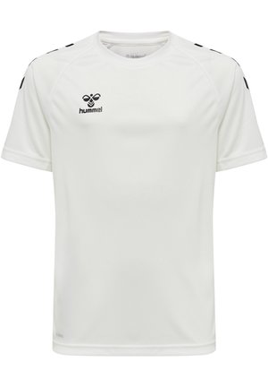 Witte sportshirt met korte mouwen en zwart Hummel-logo en accenten op de schouders. Gemaakt van ademend materiaal met een gladde textuur.