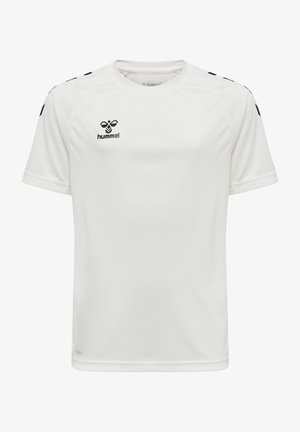 Biała sportowa koszulka z krótkim rękawem z czarnym logo Hummel i akcentami na ramionach. Wykonana z oddychającego materiału o gładkiej fakturze.