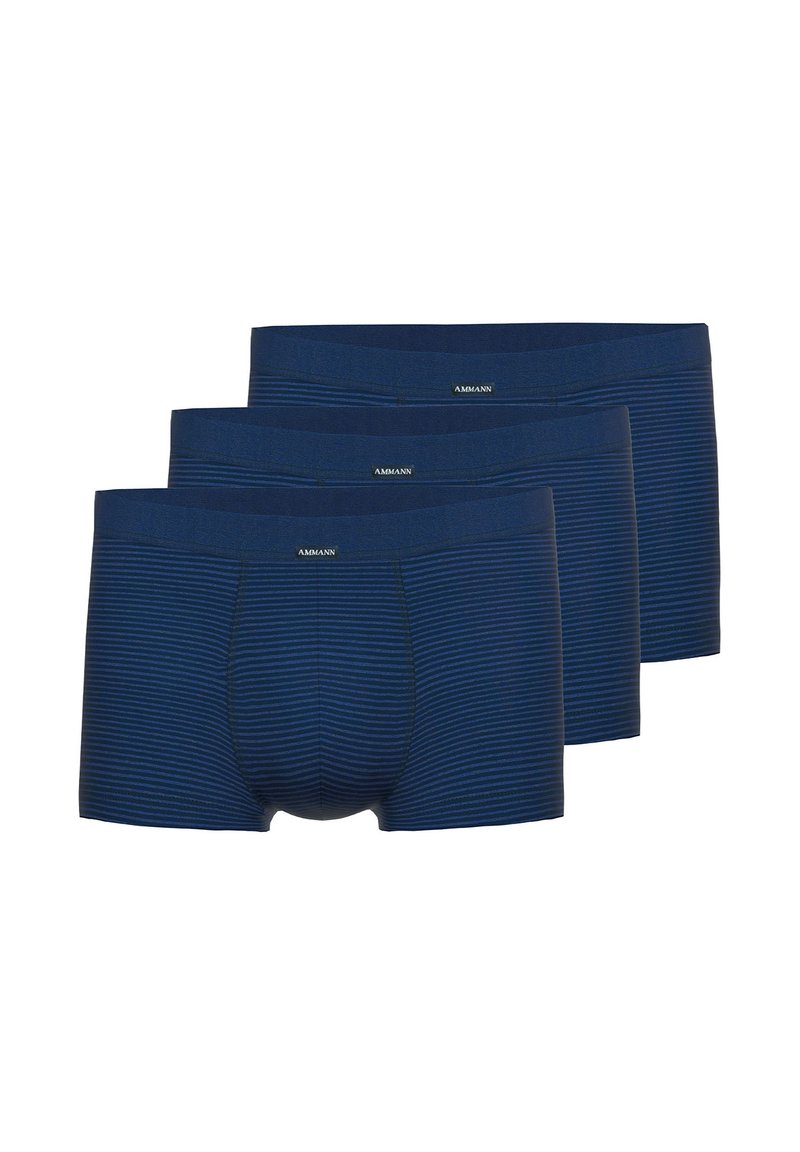 Blue striped boxer briefs set, featuring a soft material, elastic waistband, and tight fit. Three pairs displayed in a stacked arrangement.
