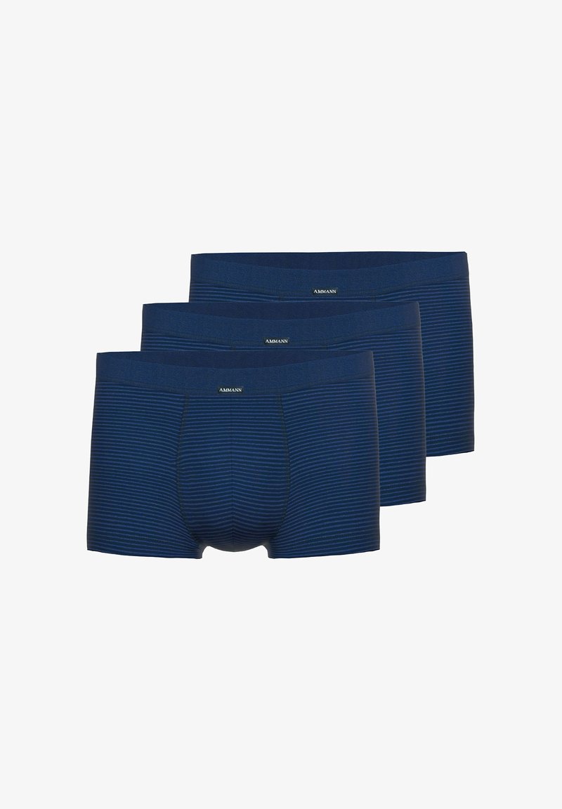 Blue striped boxer briefs set, featuring a soft material, elastic waistband, and tight fit. Three pairs displayed in a stacked arrangement.